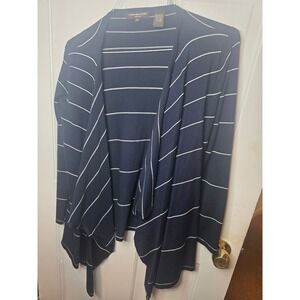 Linda Matthews New York Navy Blue Striped Open Front Waterfall Cardigan Womens M
